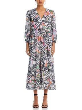 Banjanan Tropical Parrot Flower Black White Print Cotton Midi Dress S NWT
